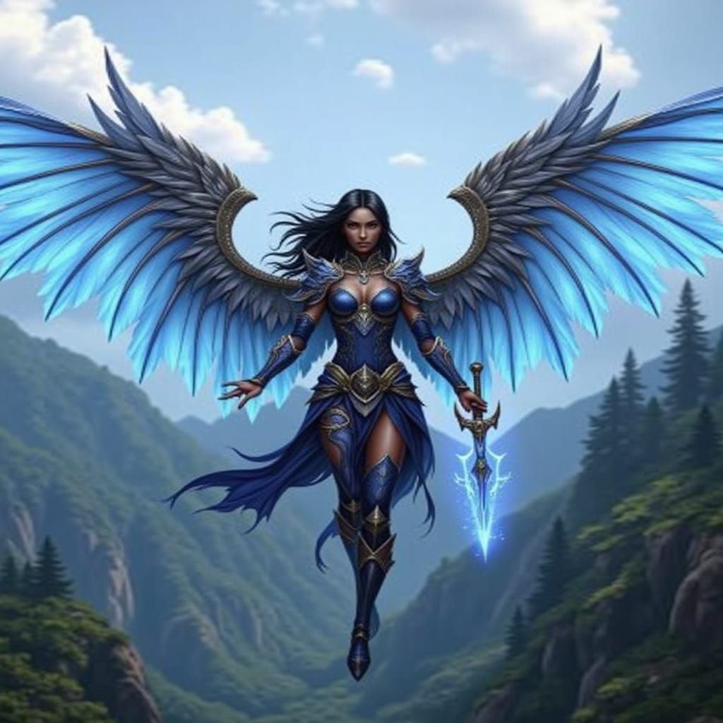 <lora:HyperRealistic Wings:1.0> Elegant dark skinned Elvin female with soft glowing blueish-white wings on her back, wearing a ornate suit o...