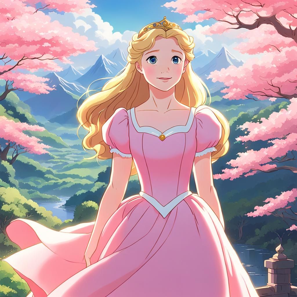 The Disney Princess Aurora wearing her classic pink dress
dr...