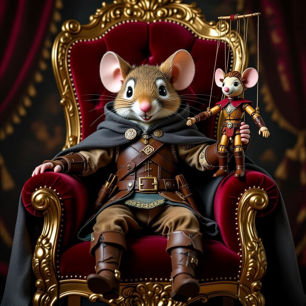 Finn, an anthropomorphic forest mouse bard-ranger, sits proudly on a luxurious throne-like chair upholstered in deep red velvet with ornate ...