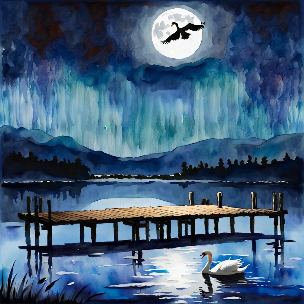 Dark watercolor drawing, swan on the lake at night, wooden p...