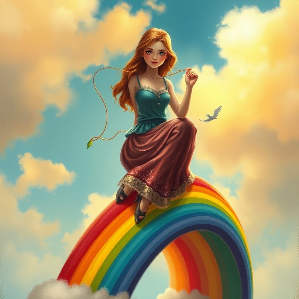 Woman Balances World on Rainbow: Cozy, Idyllic Art
