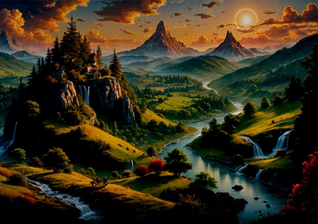Dreamscape of hills, forest, and river