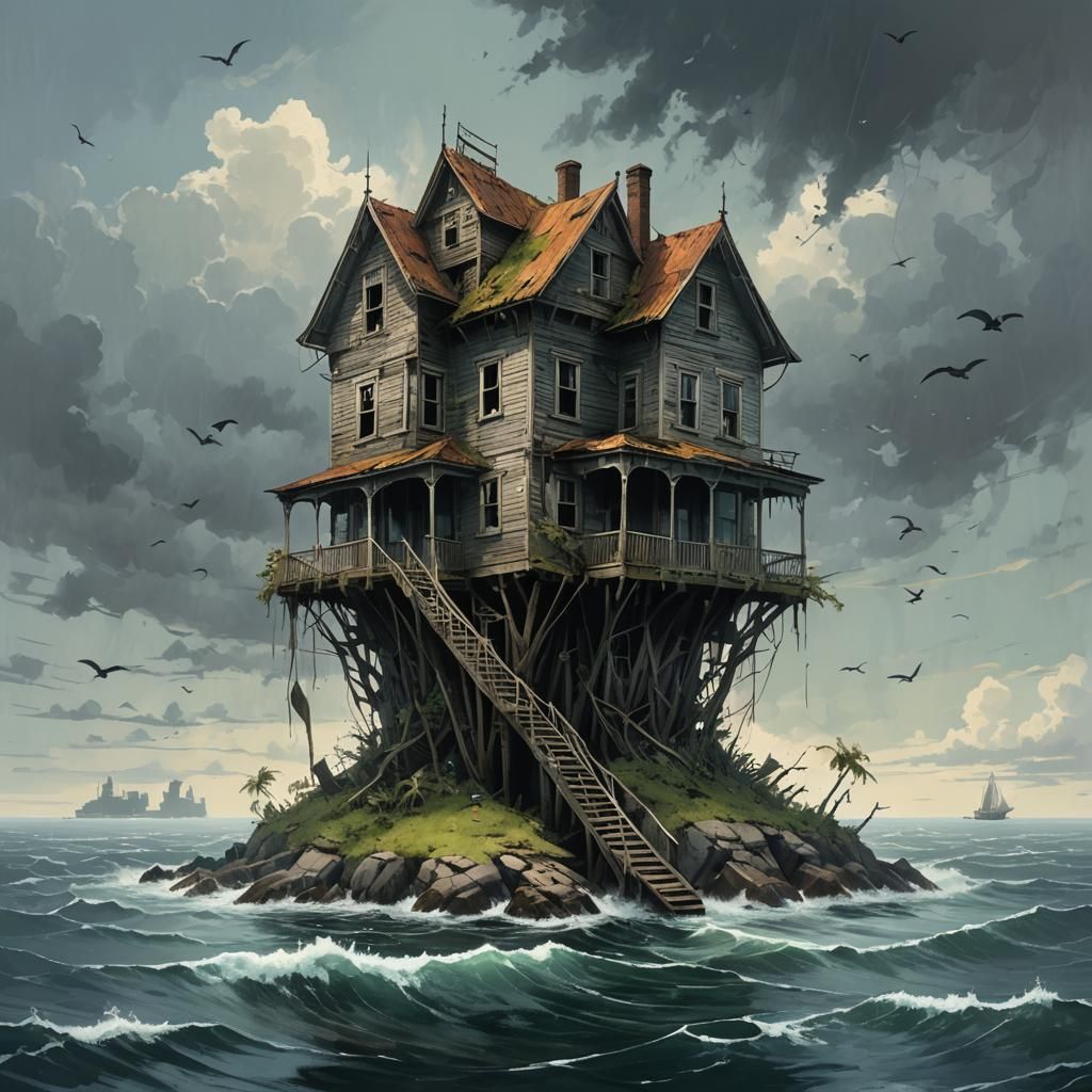 A multi-storey rickety old house on a tiny island in the mid...