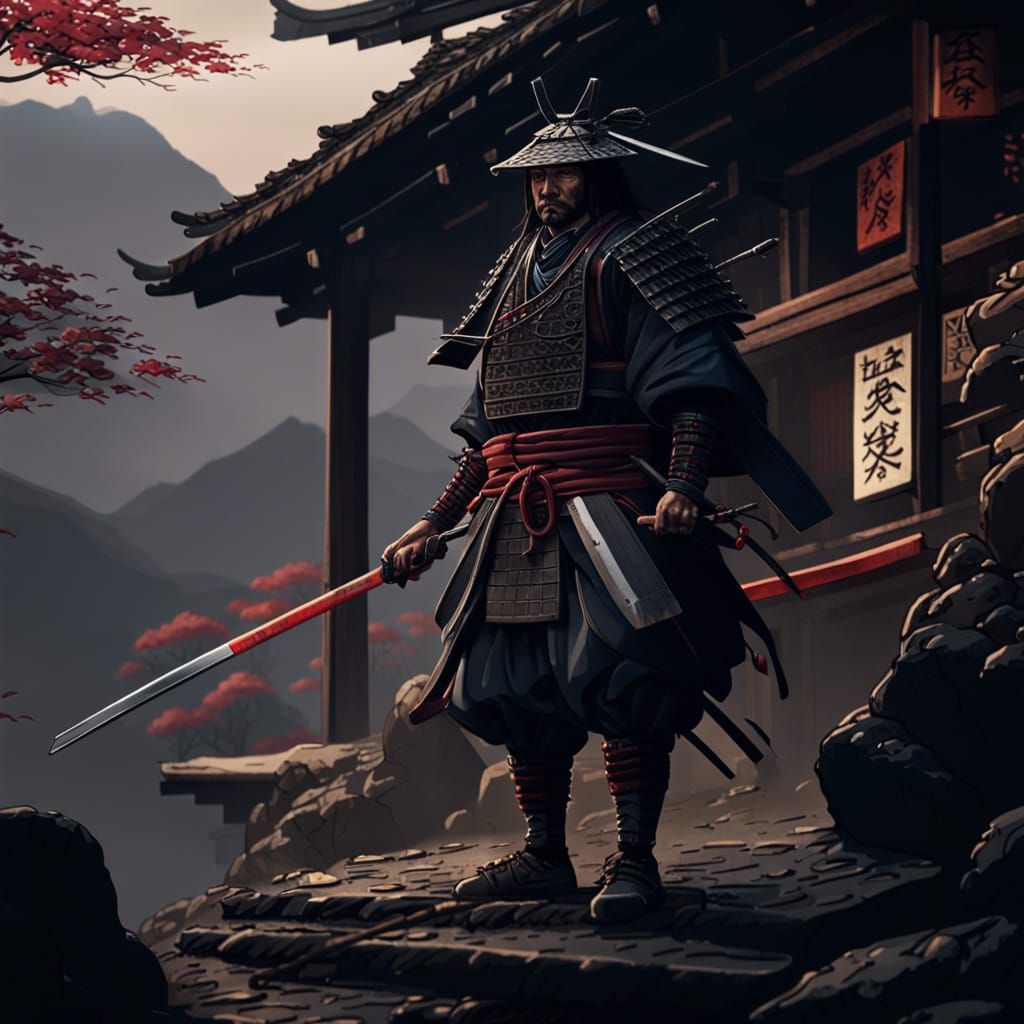 A full front facing Japanese samurai in a village, on a mountain. High ...