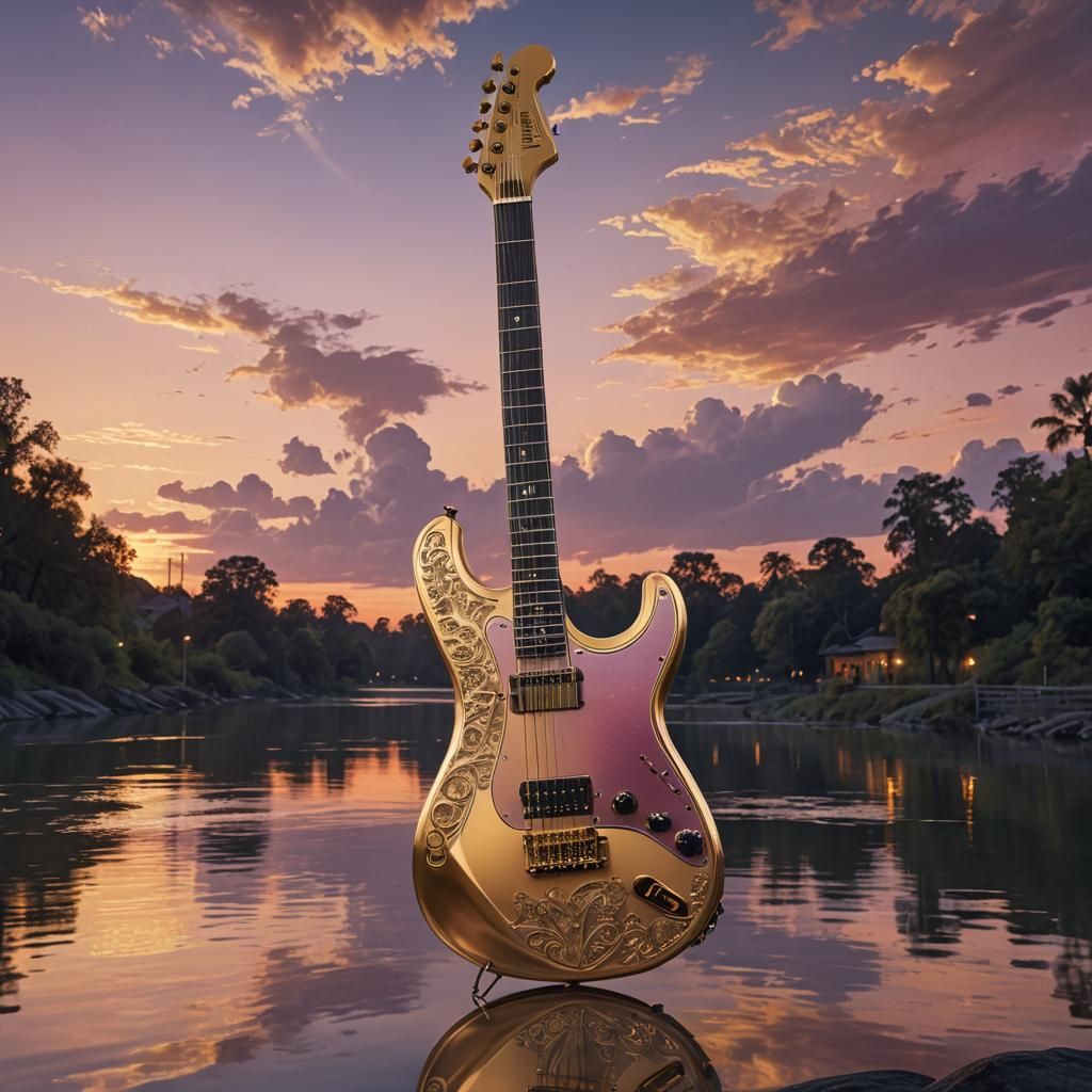 Transparent Gold Guitar Against River Sunset, Digital Art