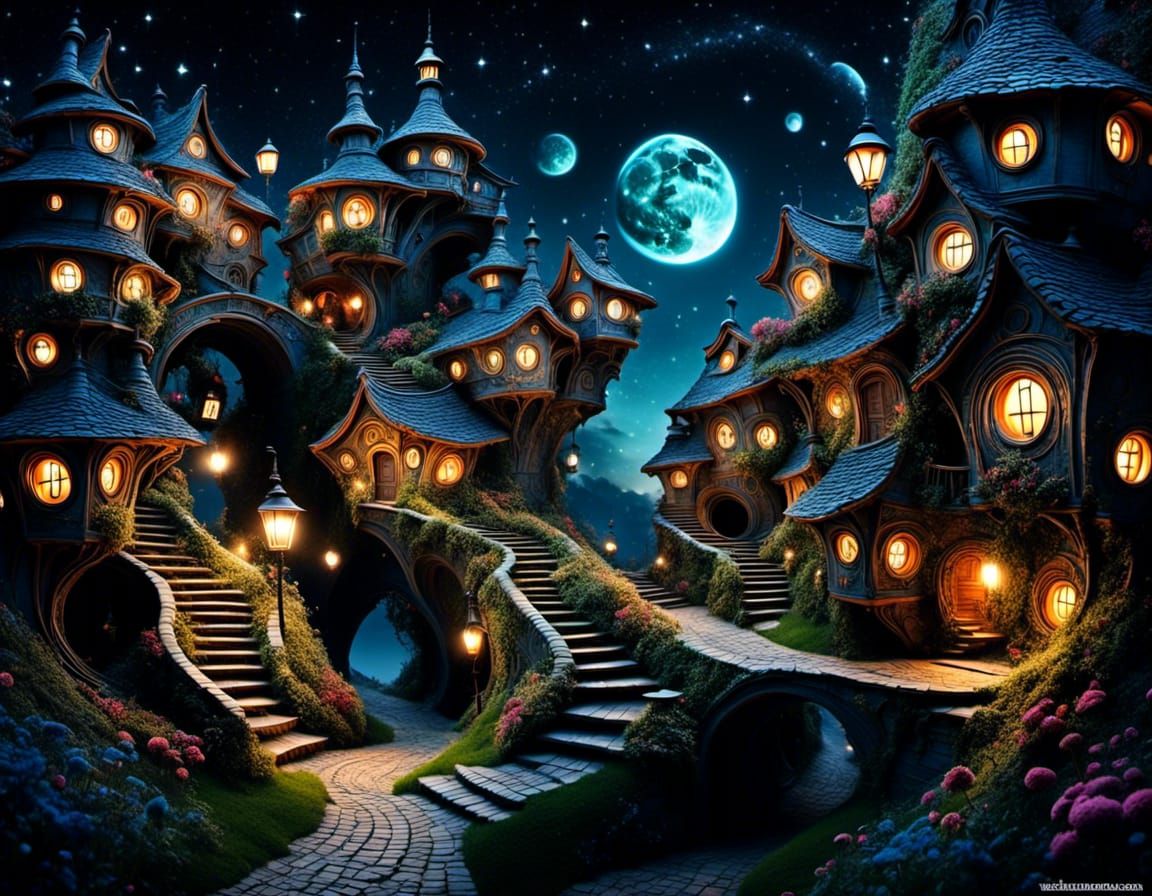 surreal fairy night village with many paths and stairs <lora:Fairy night:1.0> 