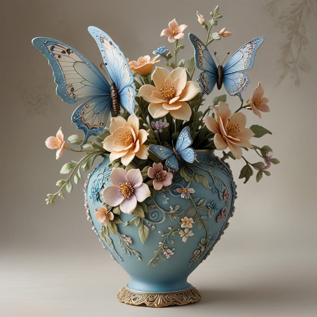 close up of a clay vase decorated with clay flowers and butterflies  by @Barabashka