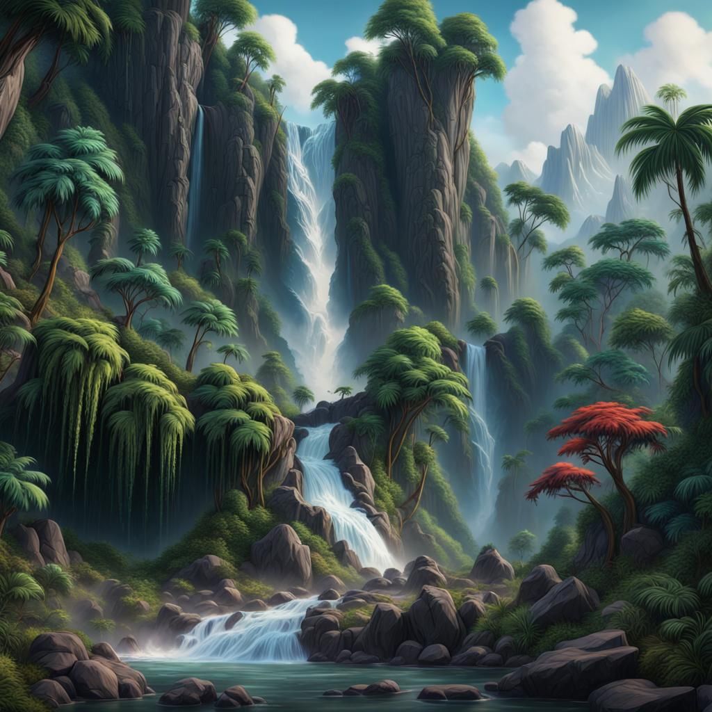 bob ross waterfalls mountain tropics forest - AI Generated Artwork ...