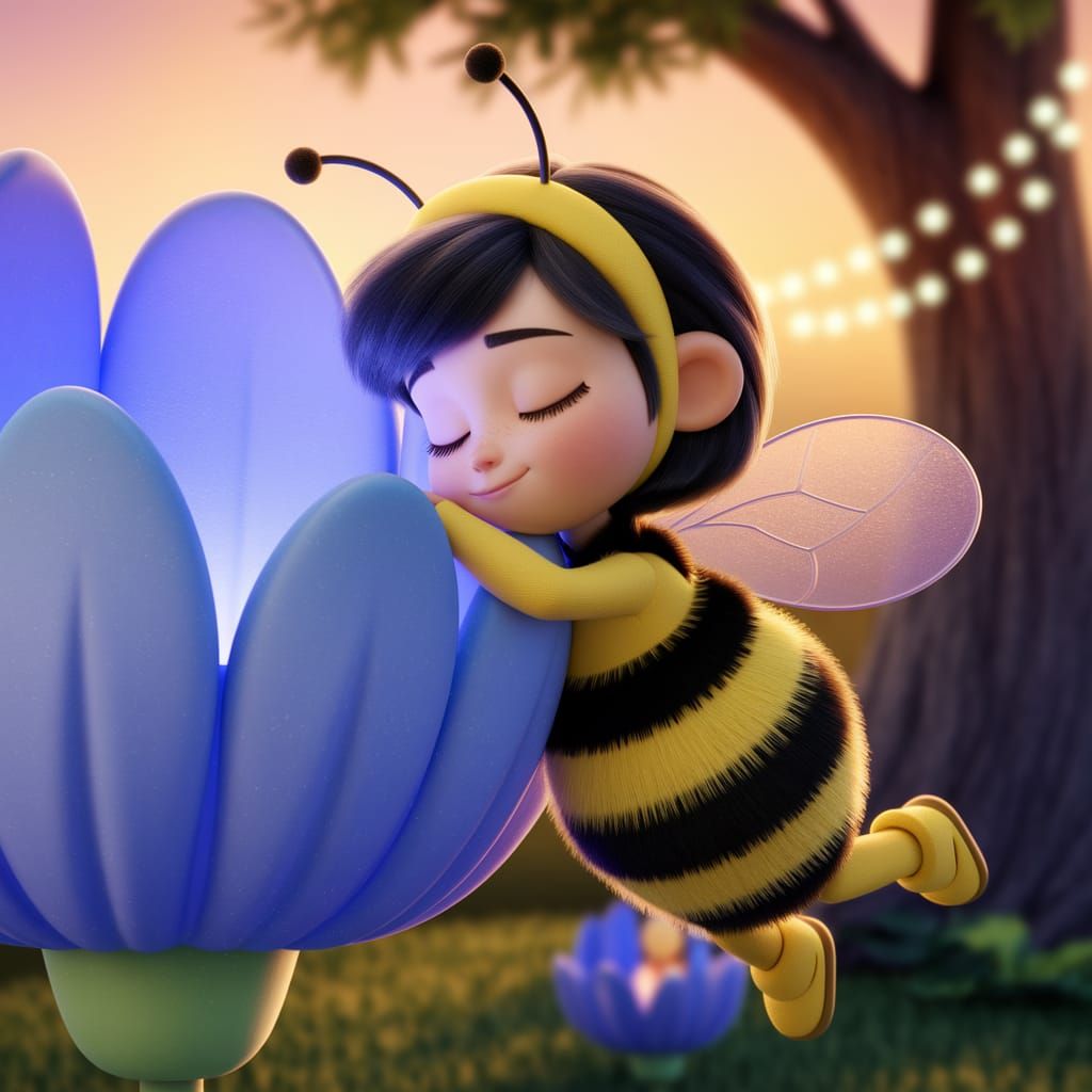 Sleepy Girl in Bumblebee Costume on Blue Flower