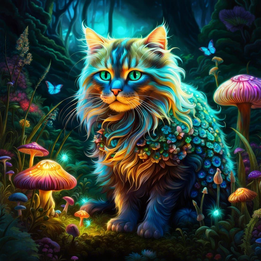 Intricate gorgeous detailed bioluminescent cute fluffy cat smelling a ...