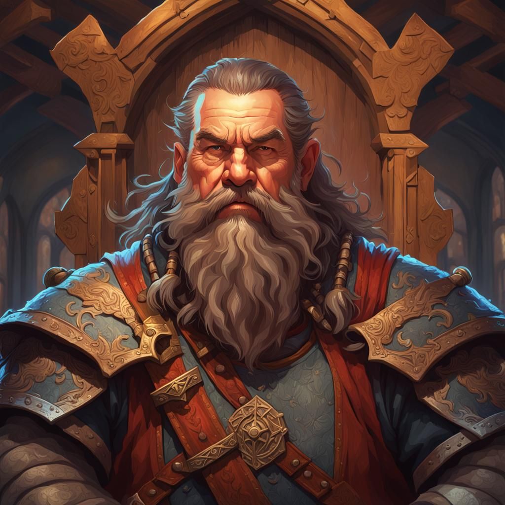 Painitng frame medieval noble dwarf with sword behind head a...