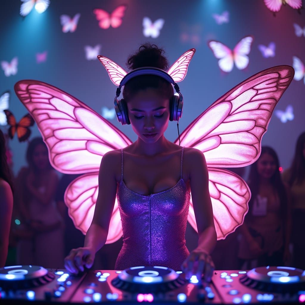 Fantasy DJ with Butterfly Wings in Neon Club