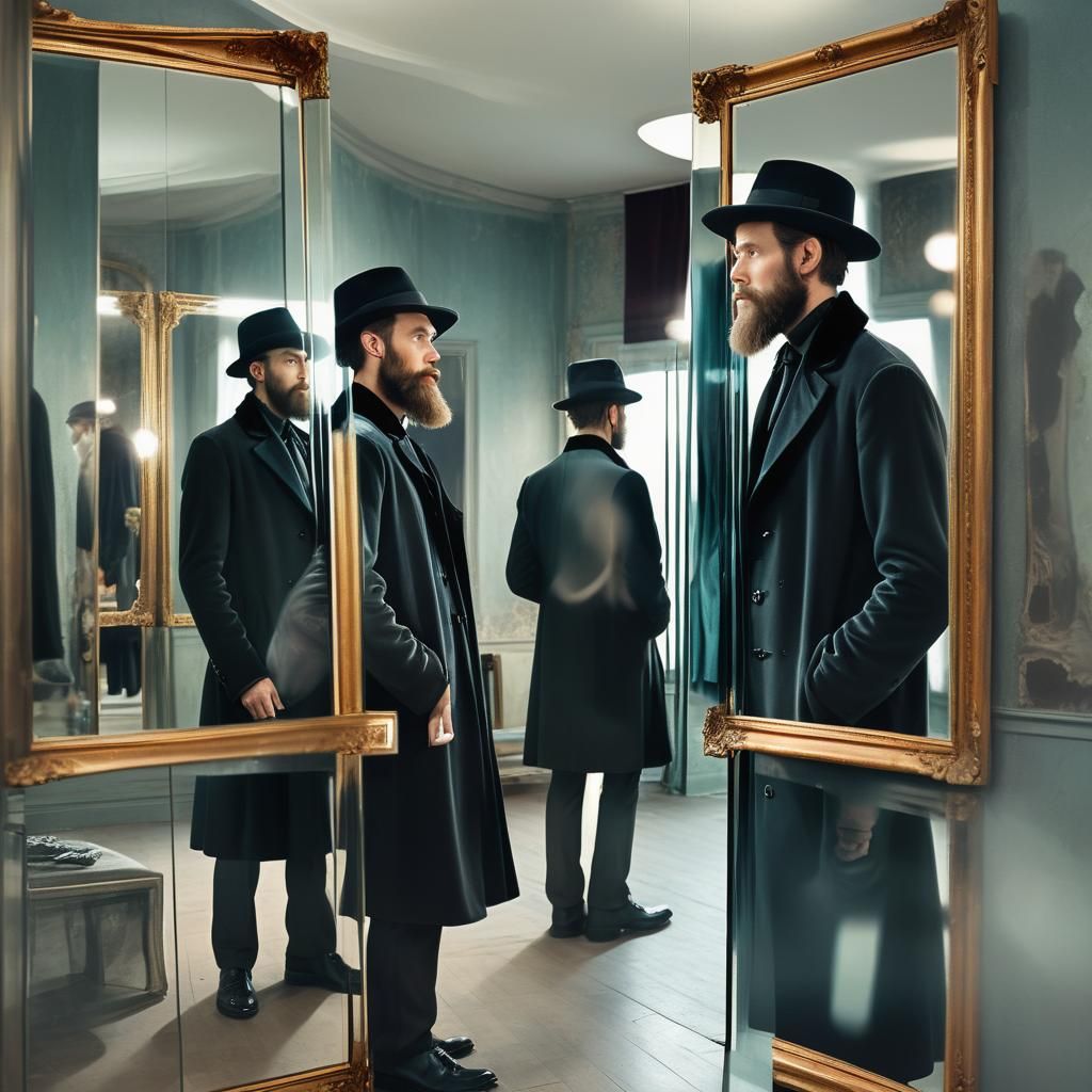 Surreal Bearded Man in Room of Mirrors