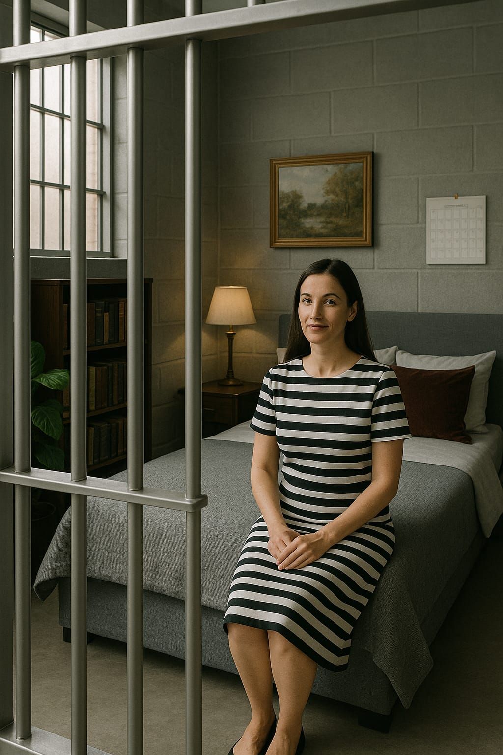 Woman in striped prison style dress sitting voluntary in her luxerious cell