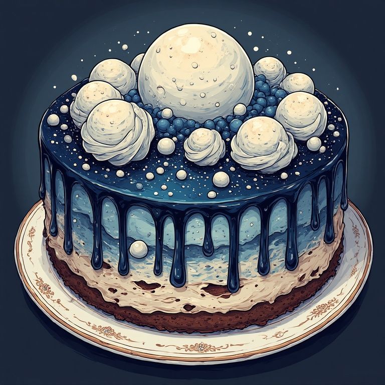 luxurious fantasy cake on a vintage plate, dark midnight-blu...