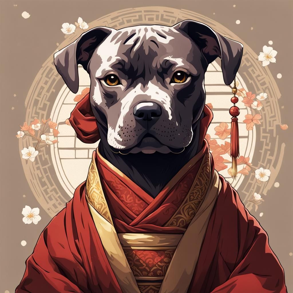 Dark colored staffordshire terrier dressed as a monk