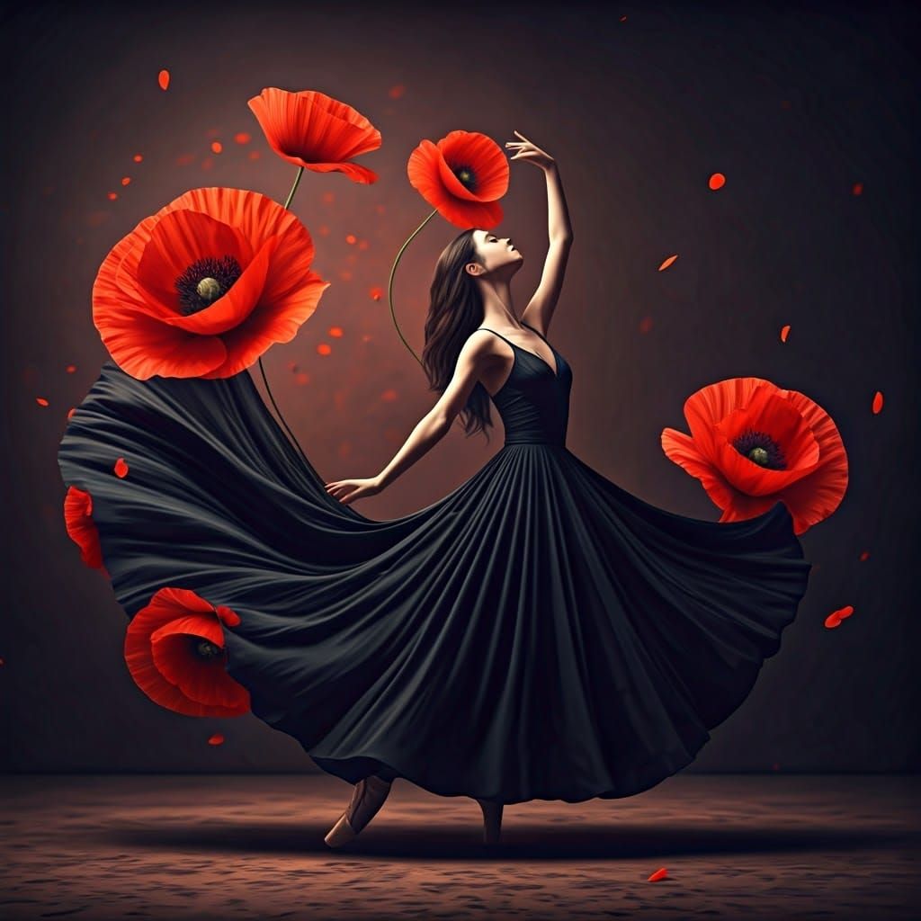 "A dancer in an elegant black dress moving in a wave-like dance. Her skirt flows from the middle into ...  by @Oksana Babyak