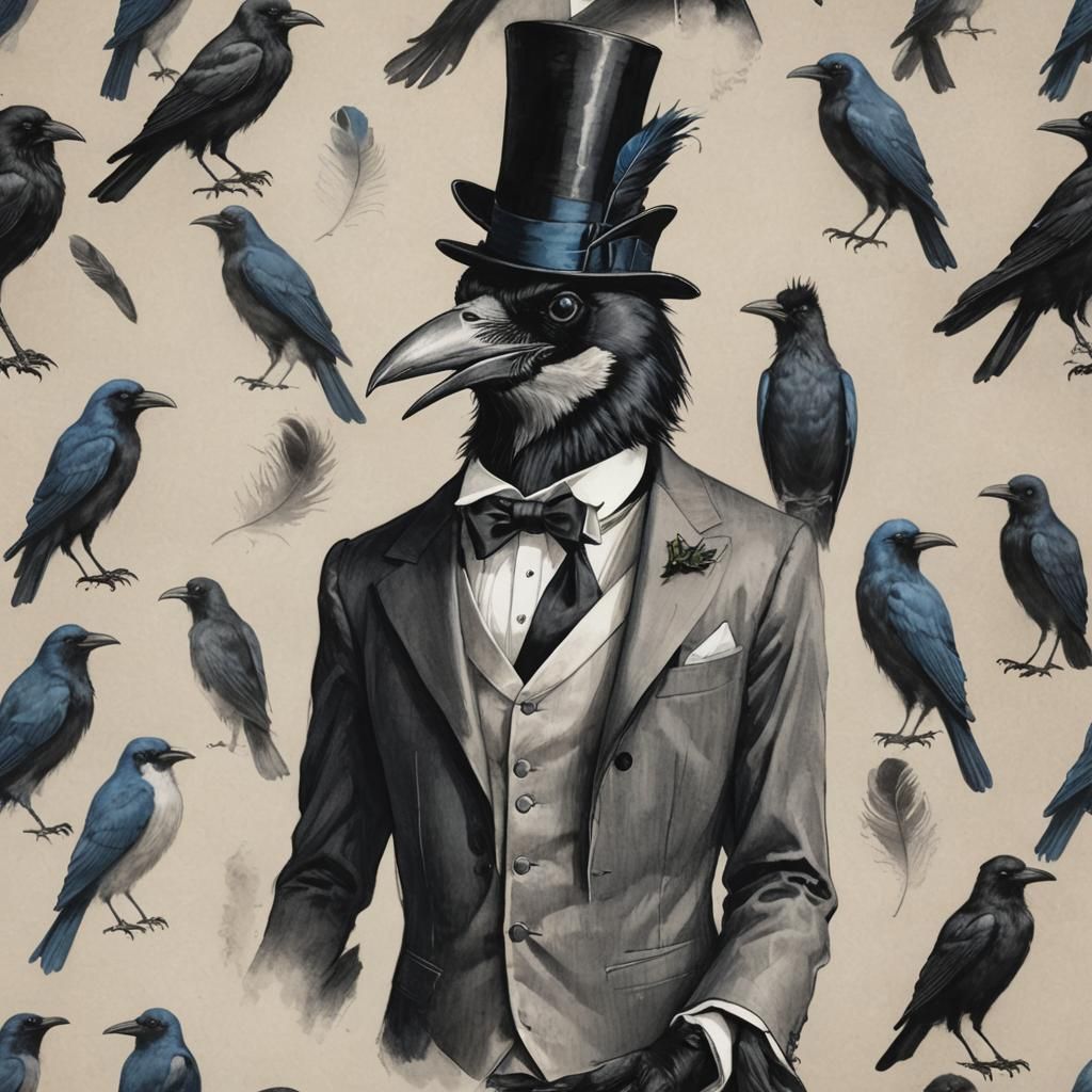 An anthropomorphic crow, top hat, blue eyes, black and white feathers give the appearance of a tuxedo,  