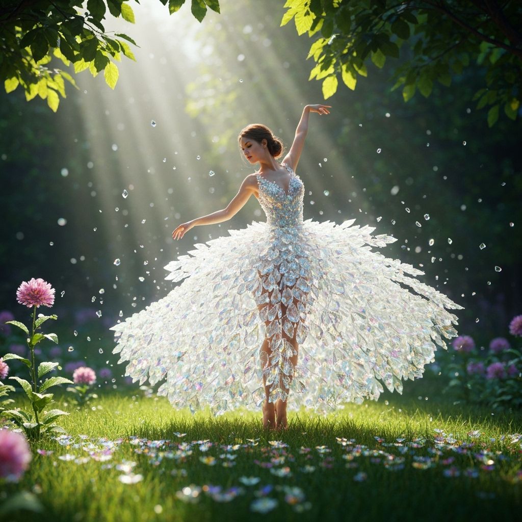 A graceful woman dancing in a sunlit garden, wearing a flowing dress made entirely from shimmering glass. ...  by @Citrus Gardenia