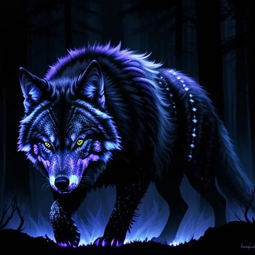 Detailed, complex chaotic forest, black light wolf (howiling:1.1), UV ...