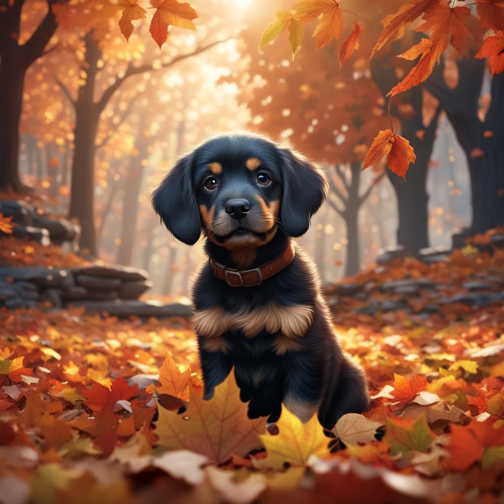 A cute puppy sitting in the fall leaves
