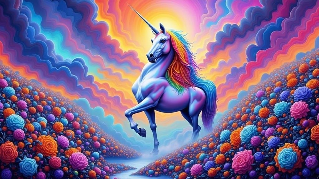  <lora:Sunshine of Yer Love:1.0> psychedelic unicorn