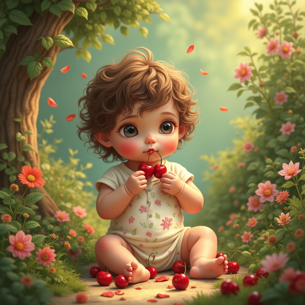 Toddler in Whimsical Garden, Matte Painting Style