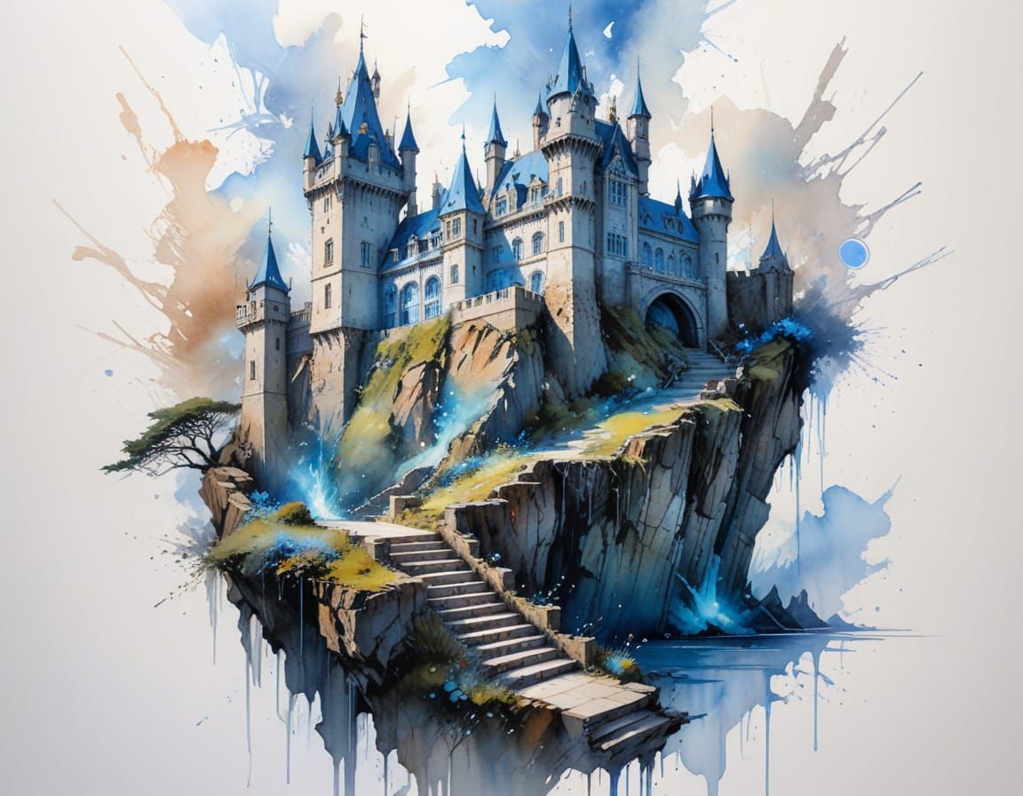"A magic castle surrounded by a magical blue aura. The castle is on a clifftop; stairs lead up to the castle."