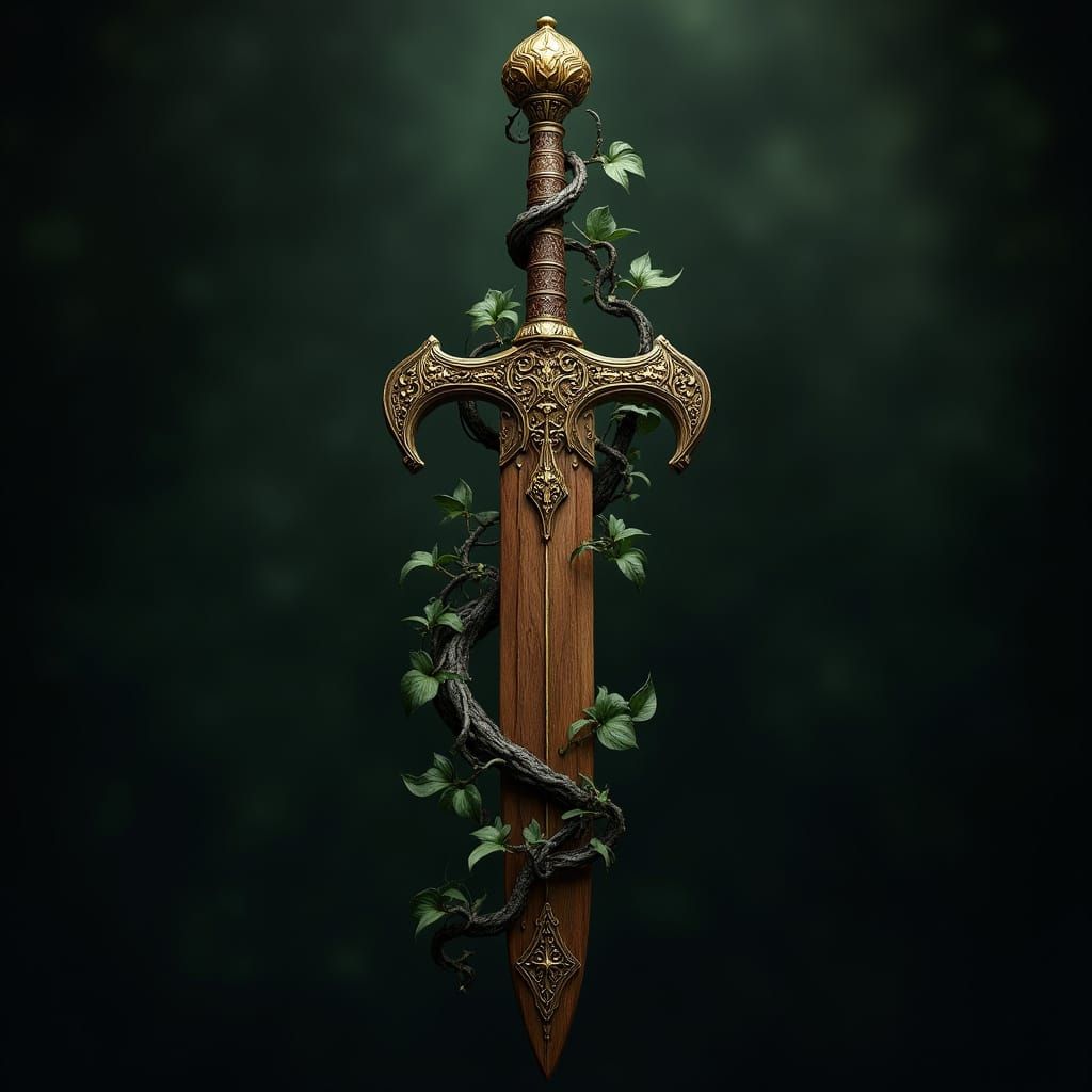 Wooden sword with gold accents in the handle and on the blade. Dark green vines intertwin it all over ...  by @Sadie