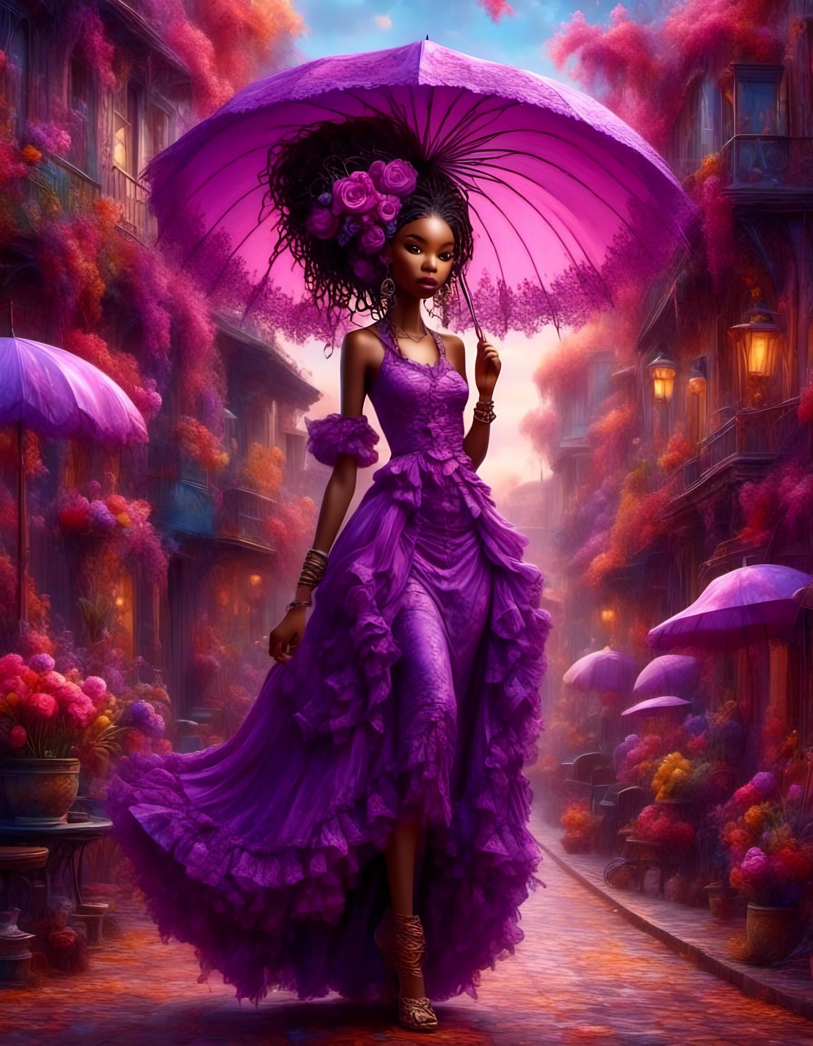 Stunning Chibi Woman Walks in Vibrant Purple Dress