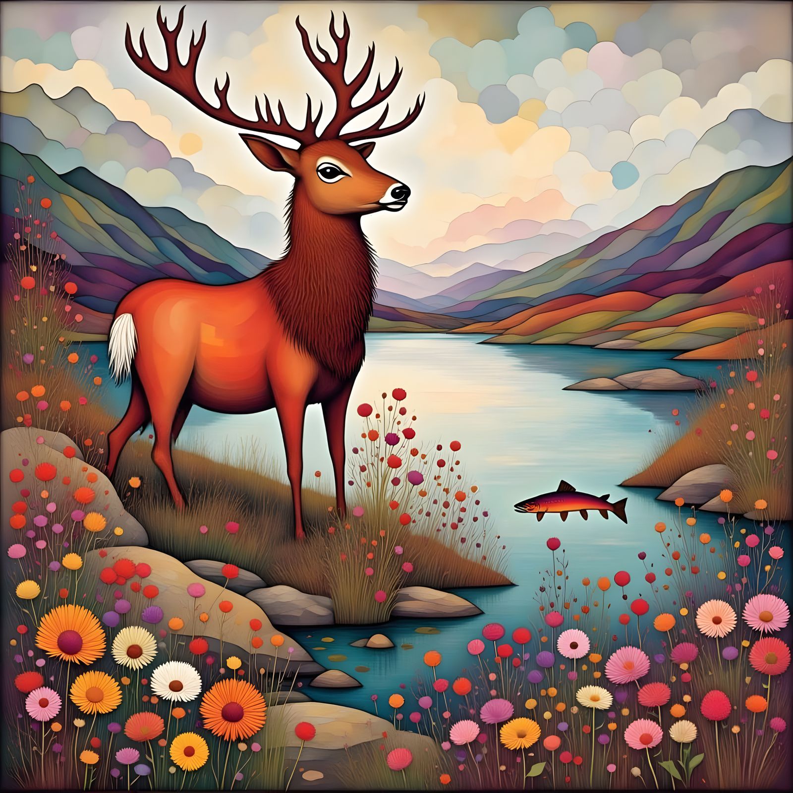 <lora:Magic Loch DLUX:1.0> Abstract art. Red deer. Highlands. Loch. Trout leaping. Wildflowers. Impasto.