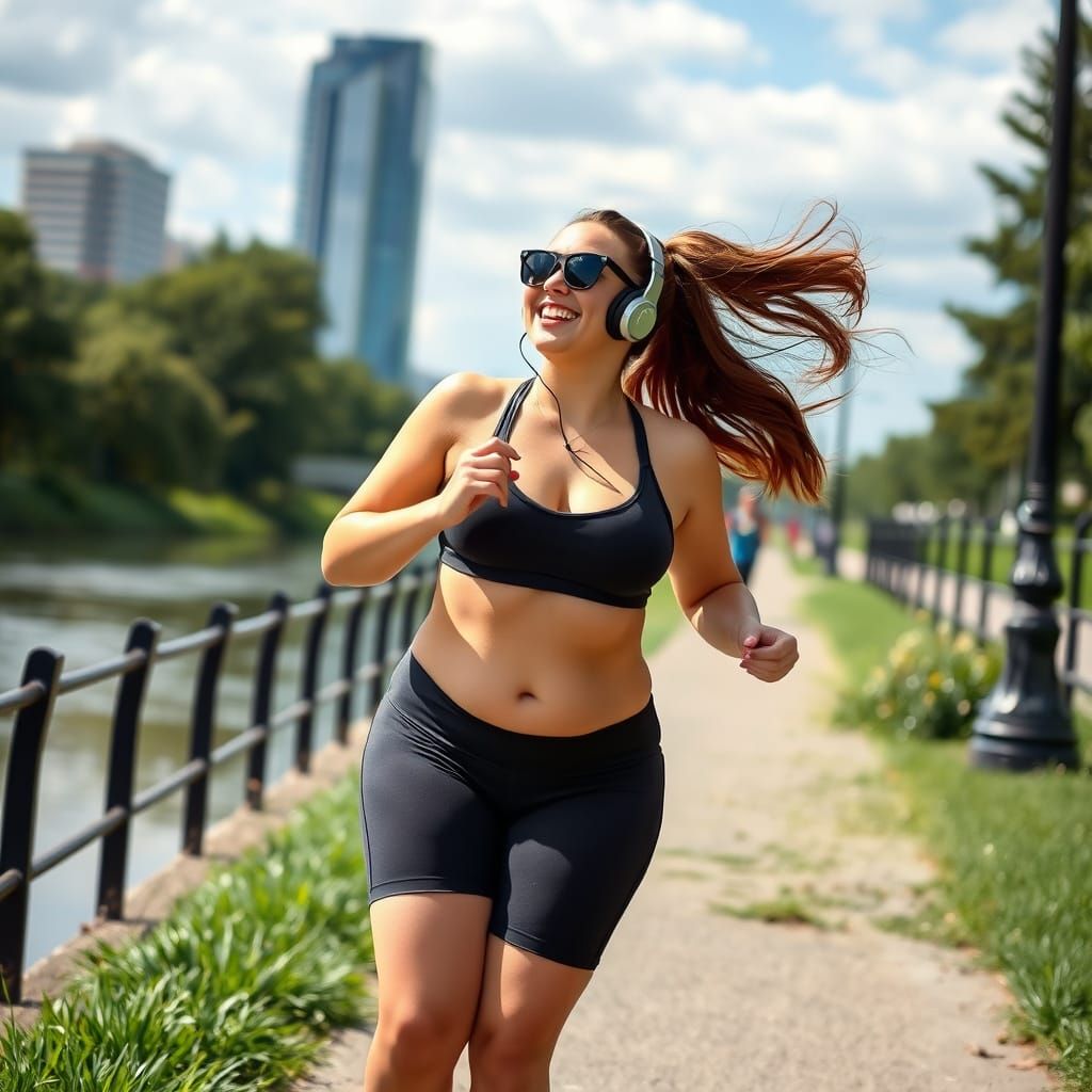 a happy, plus size, curvy  bouncy woman with long hair in a pony tail. headphones on. sunglasses. wearing short tight  b...