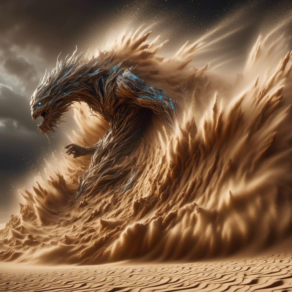 <lora:Omnious:1.0> a sand elemental creature dissolving into a swirl of sand, hyprealistic fantasy image 64 megapixels hyperdetailed higly i...