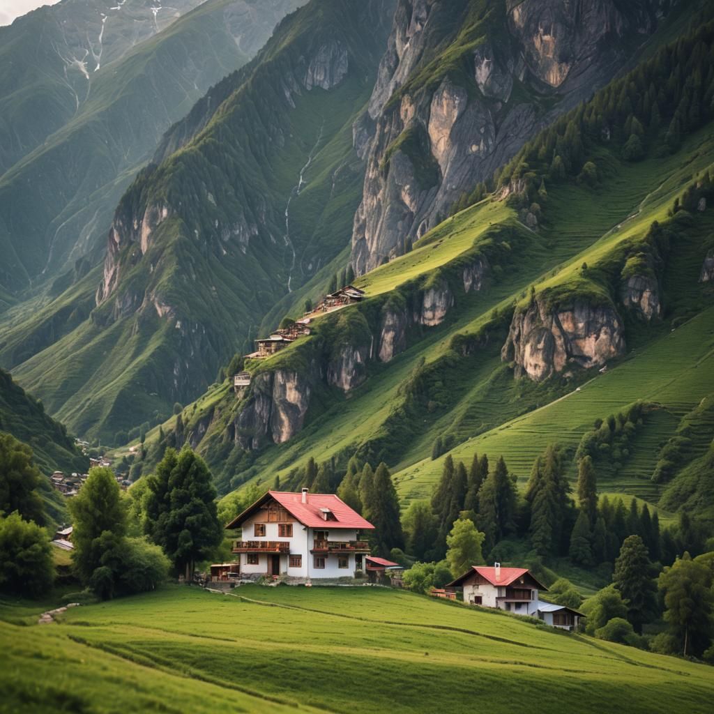 A small house in a valley with mountains surrounding it