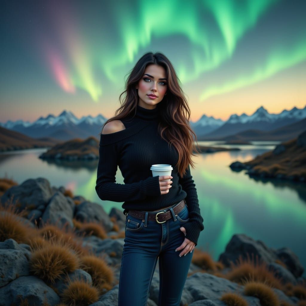 Woman with Northern Lights and Coffee in Hyperrealistic Styl...
