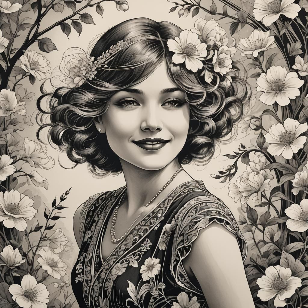 A woman in the 1920s style, but rendered as an intricate engraving. Capture the essence of the roaring ...  by @Vic-WAC