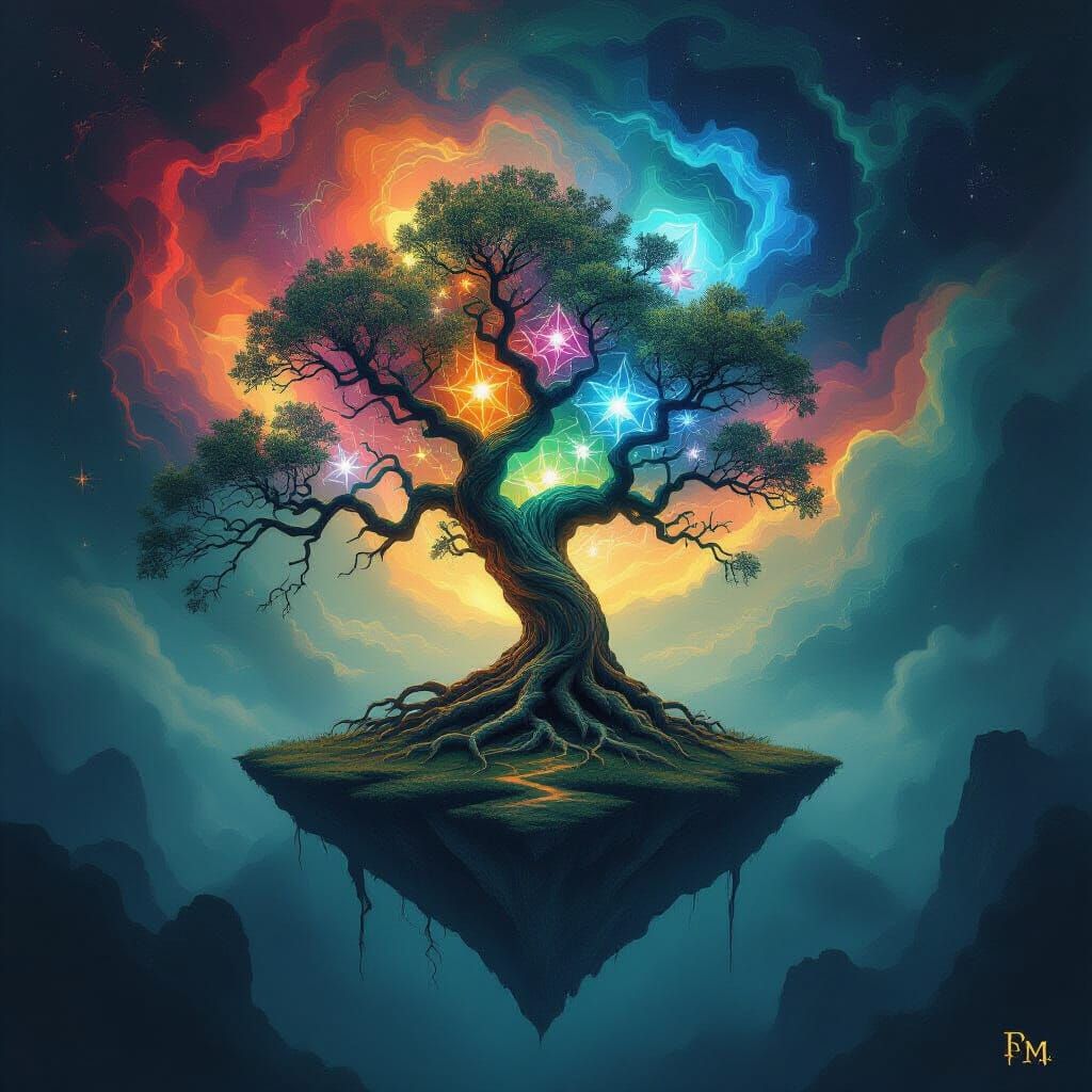 A lone, ancient tree with roots that intertwine with glowing, geometric patterns, standing on a floating island in a void of swirling, abstr...