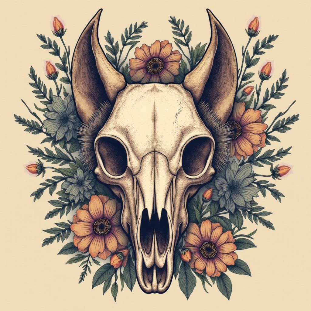 Wolf Skull w/ Flowers