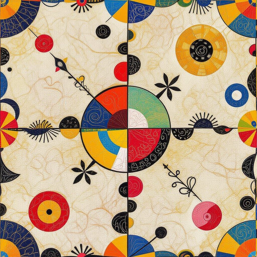 A seamless pattern featuring shapes and drawing style by artist Cy Twombly (Bacchus series) and symbols, elements, and colors from Compositi...