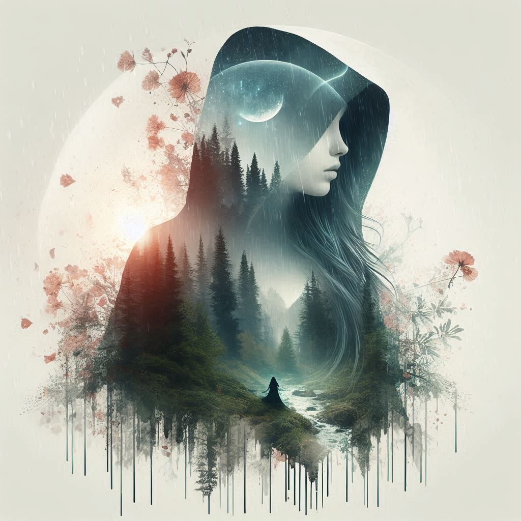 double exposure beautiful fantasy DALL-E 3 portrait landscape..