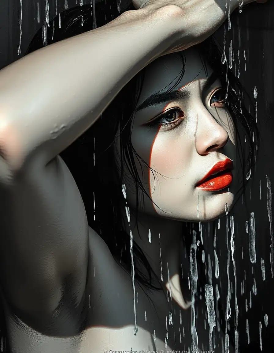 a stunning Asian woman under a cascading shower
