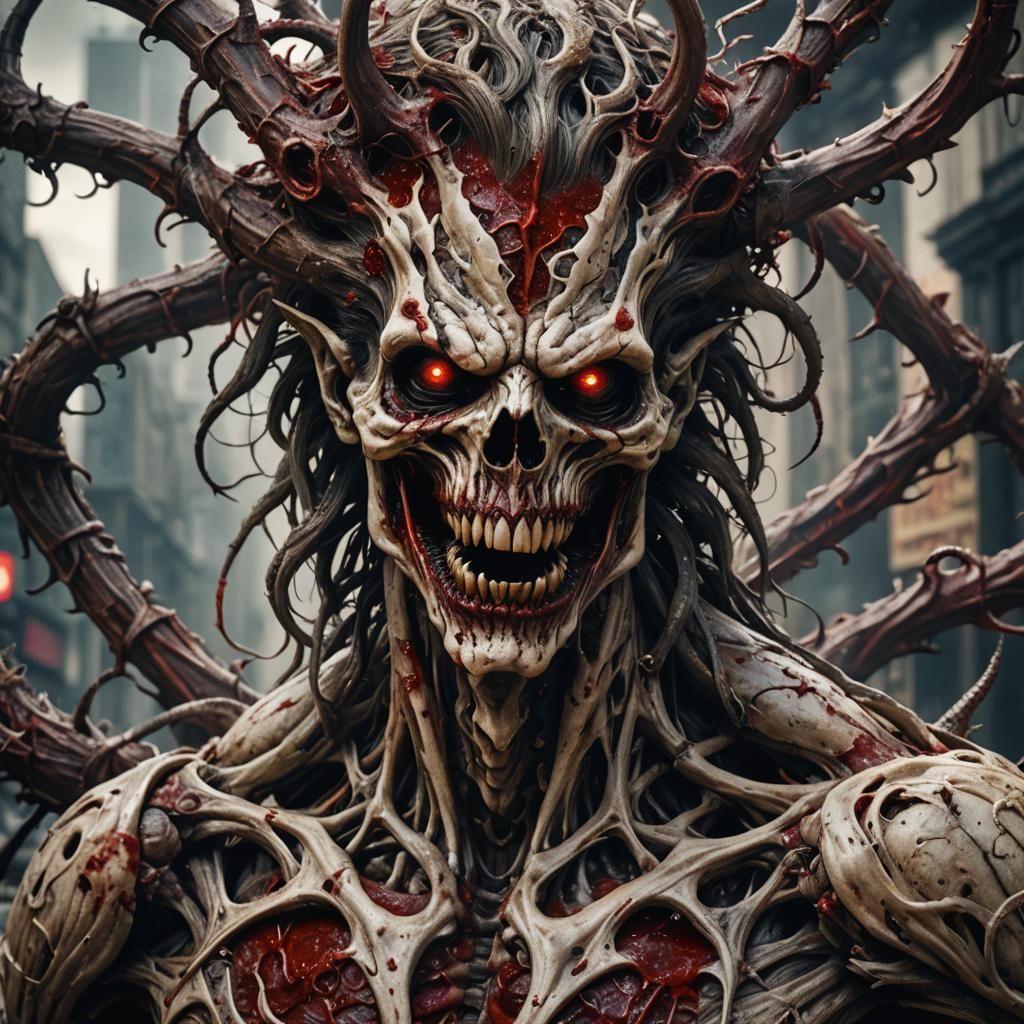 A grotesque and twisted monster made of blood and bone