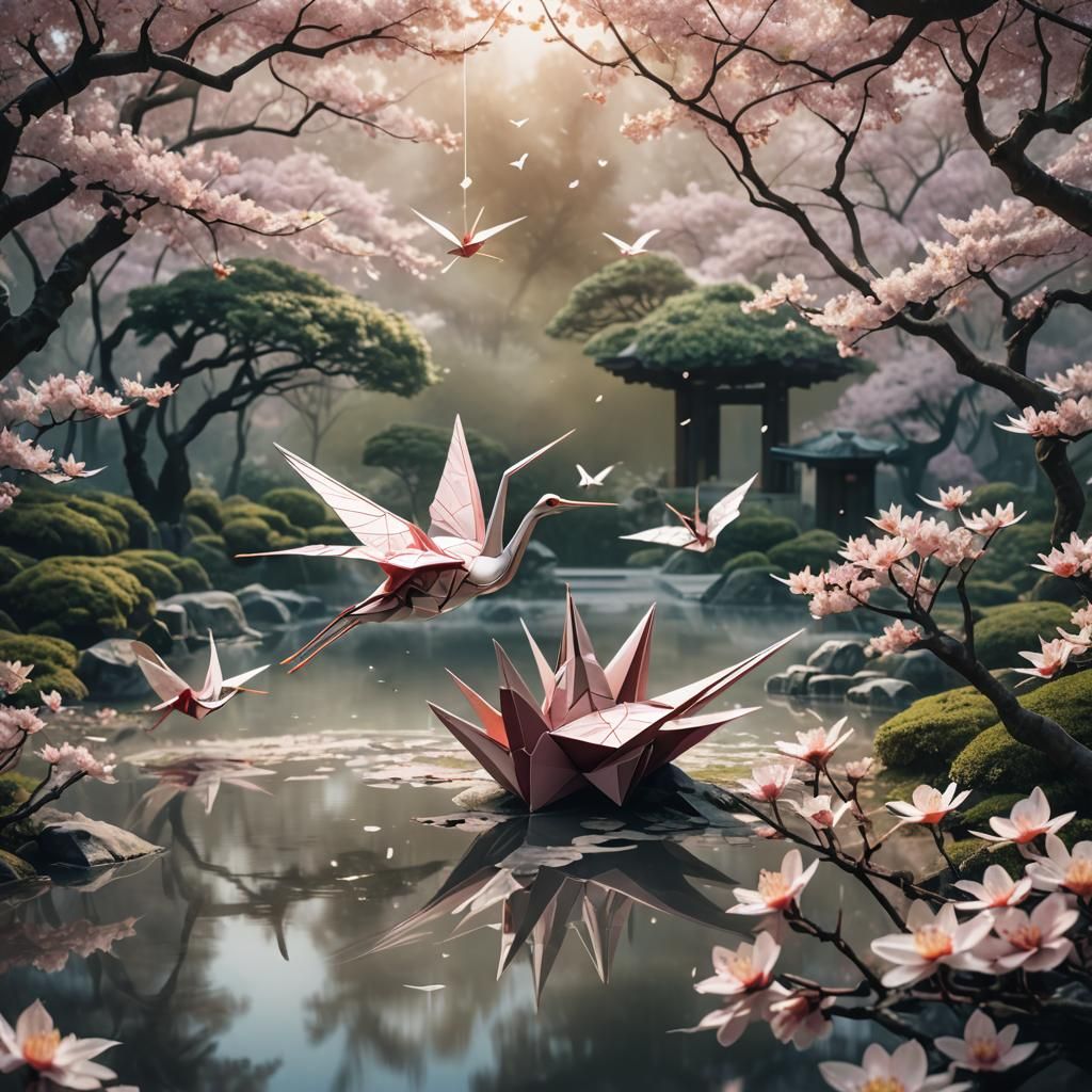 Origami Crane in Japanese Garden, Digital Art