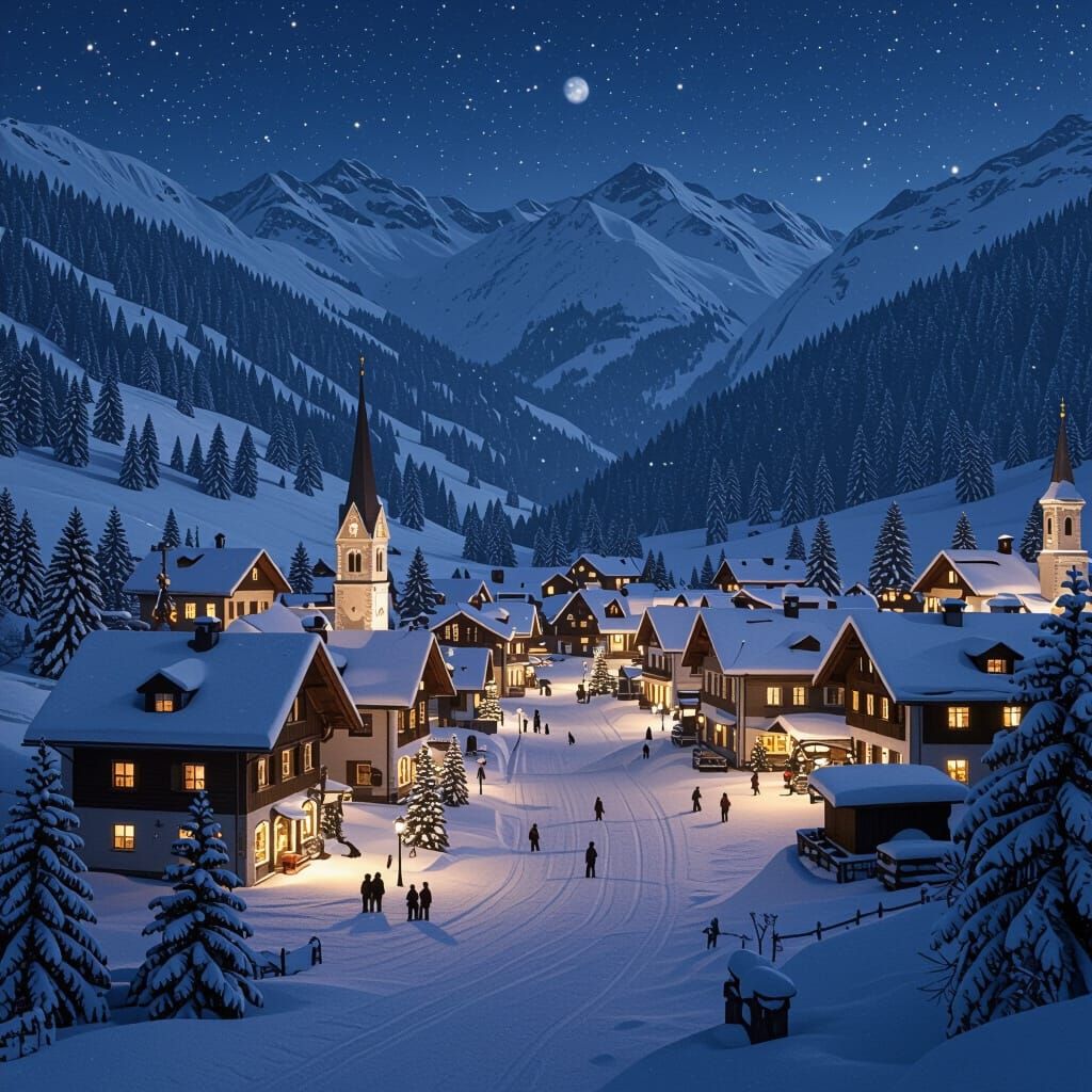 A whimsical Christmas village nestled in a snowy valley, with quaint cottages adorned with twinkling lights and festive decorations. A gentl... - Start Image 1