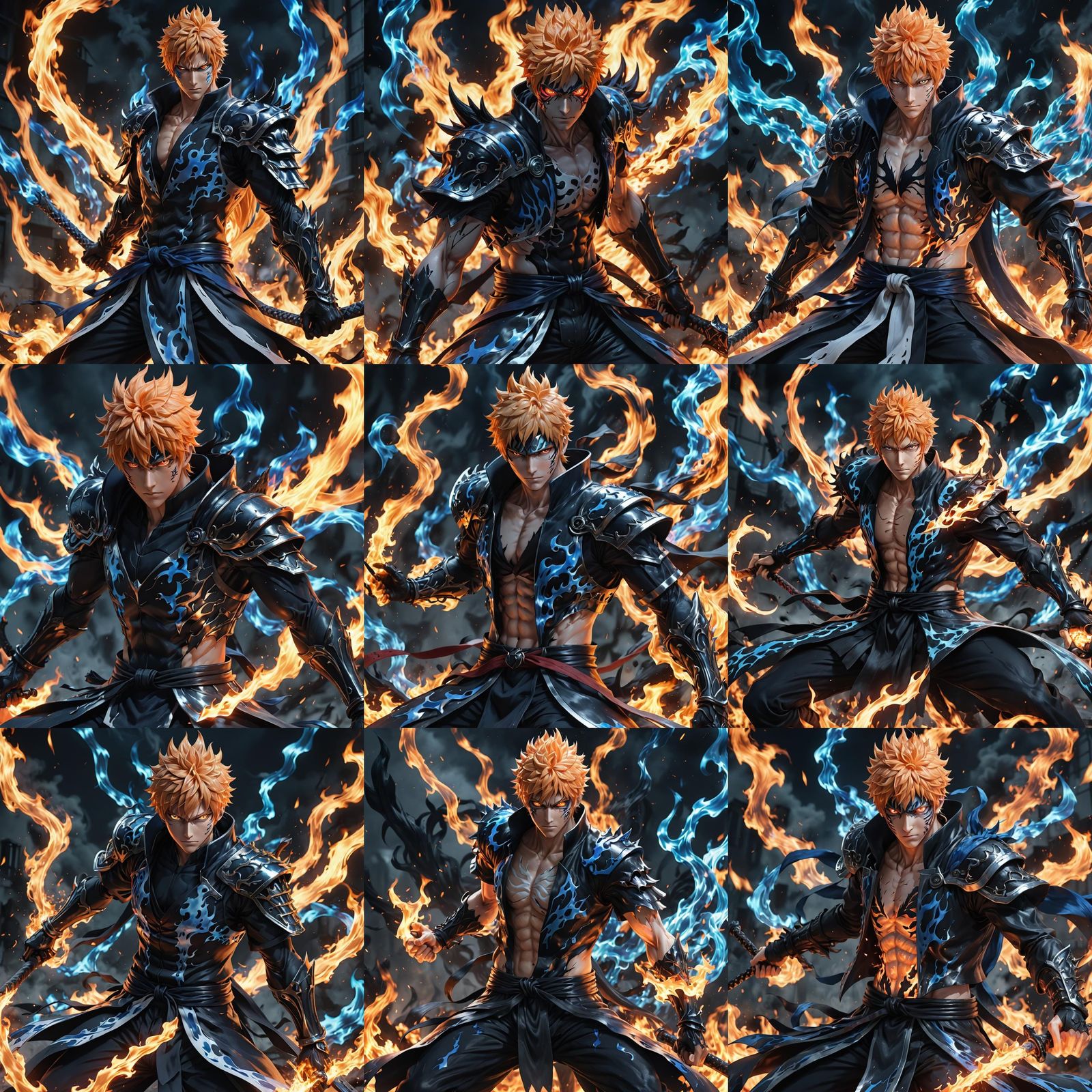 Ichigo Kurosaki surrounded by black and blue flames as he pr...