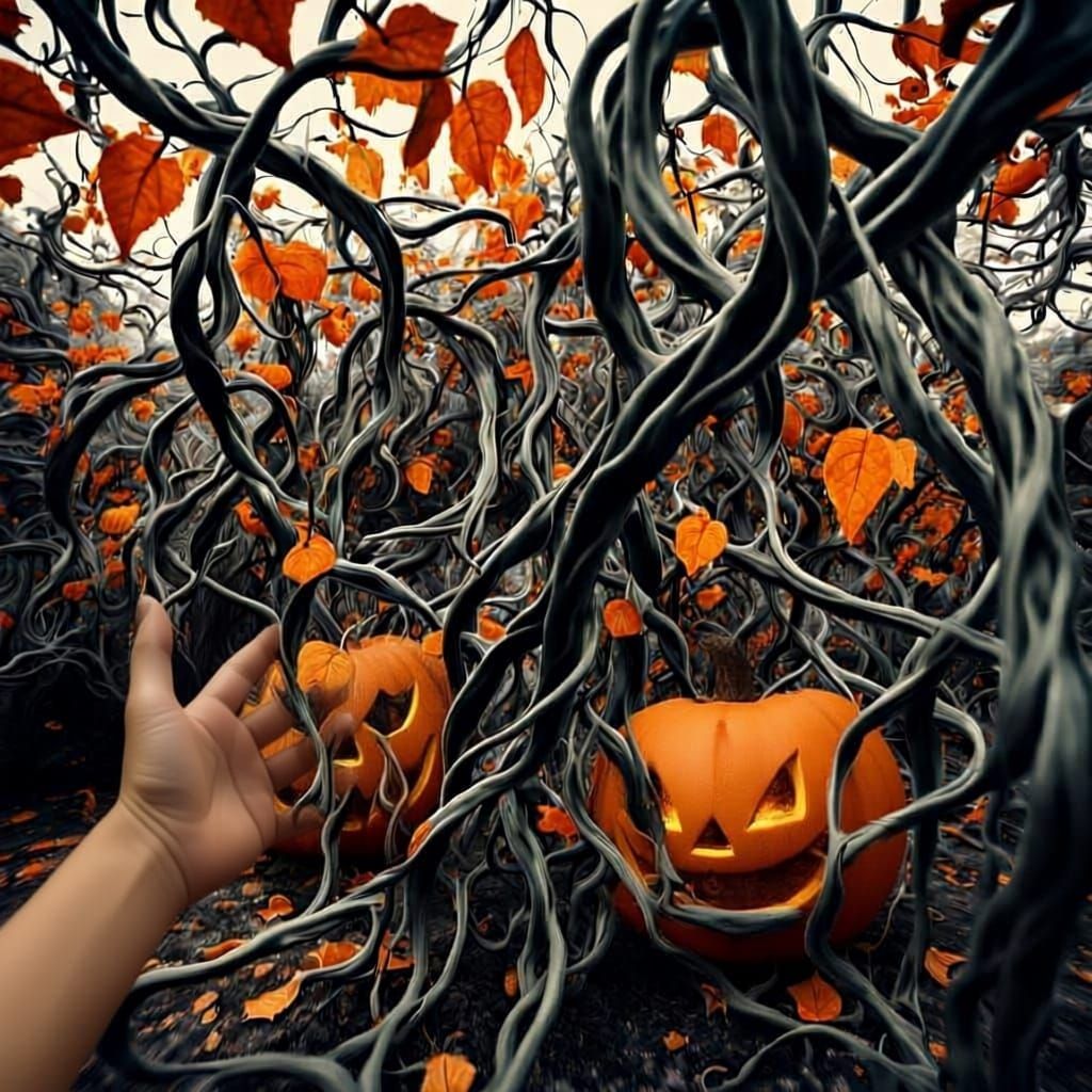 Twisting vines trick or treating in the style of Salvador Dali