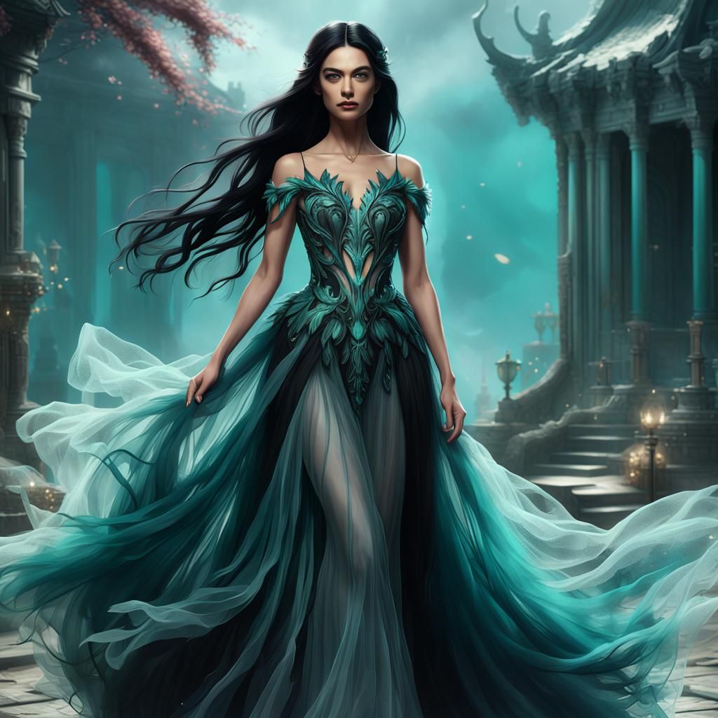 Full-body photo, Beautiful woman, Tulle gown, Long flowing Black hair, perfect face, Black and teal color ...  by @James Silvers