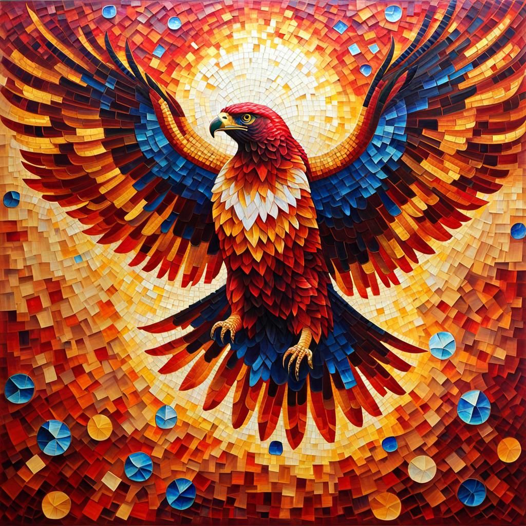 a giant glowing hawk made of mosaic glowing glass of differe...