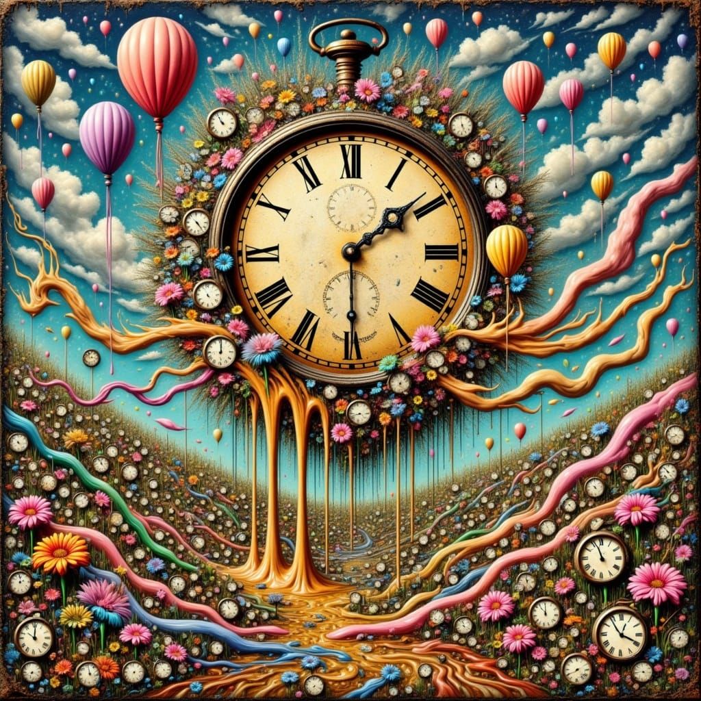 <lora:KakSurrealChaos:1.0>A surreal huge clock at the center of a chaotic field made entirely of tiny flowers, colorful fishes, melting, dri...