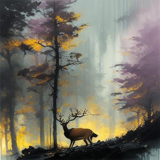Dark Fantasy Deer in Foggy Clearing
